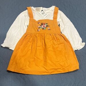 Orange Pinafore Dress with Floral Embroidery